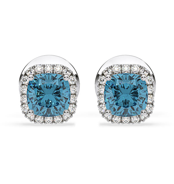 Beatrice Blue Lab Diamond Cushion Cut 1.30ct Halo Earrings in 18K White Gold - Elara Collection
